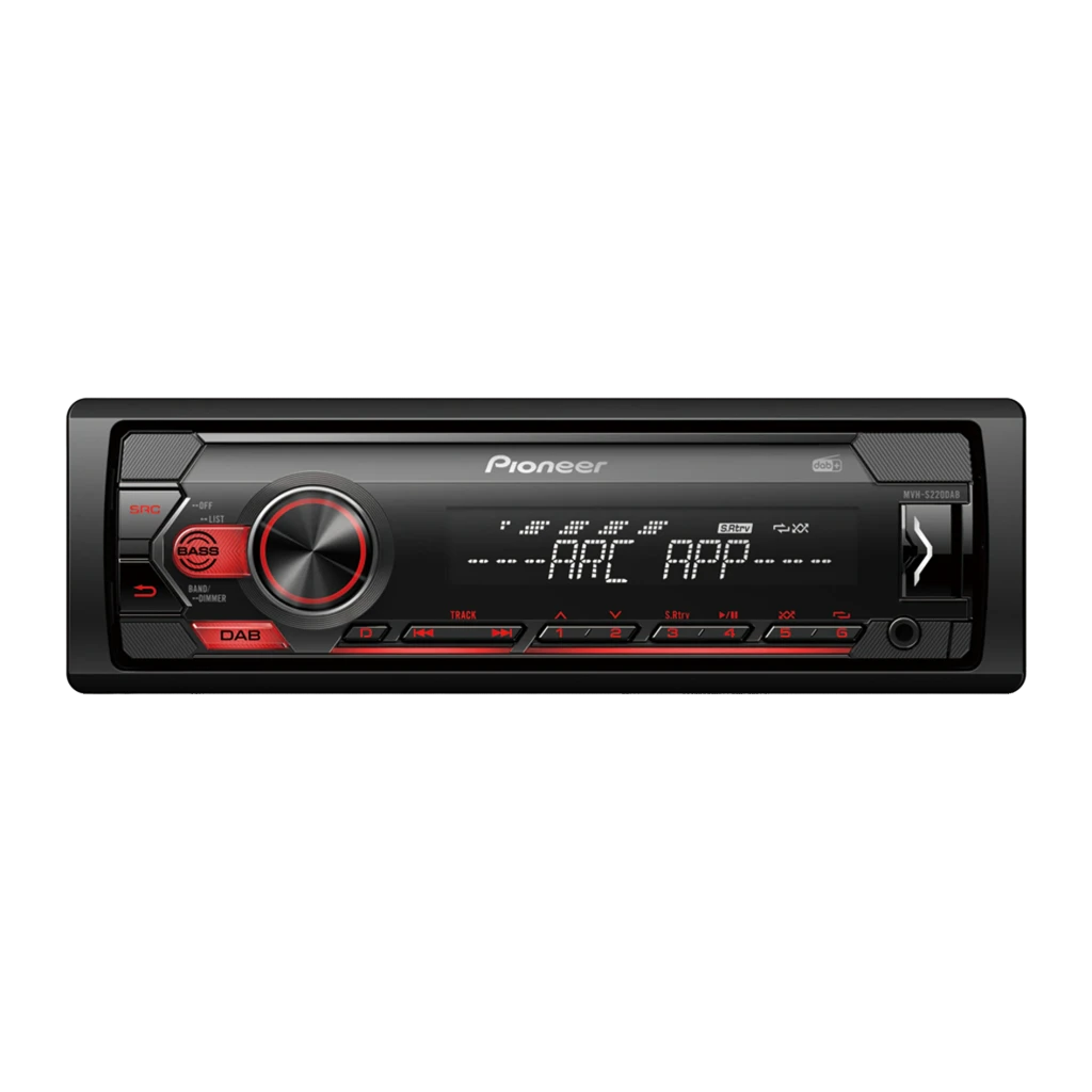 Autorradio Pioneer Negro 1 DIN MVH-S220DAB, vista frontal: pantalla dot-matrix, mando giratorio rojo y botones DAB iluminados