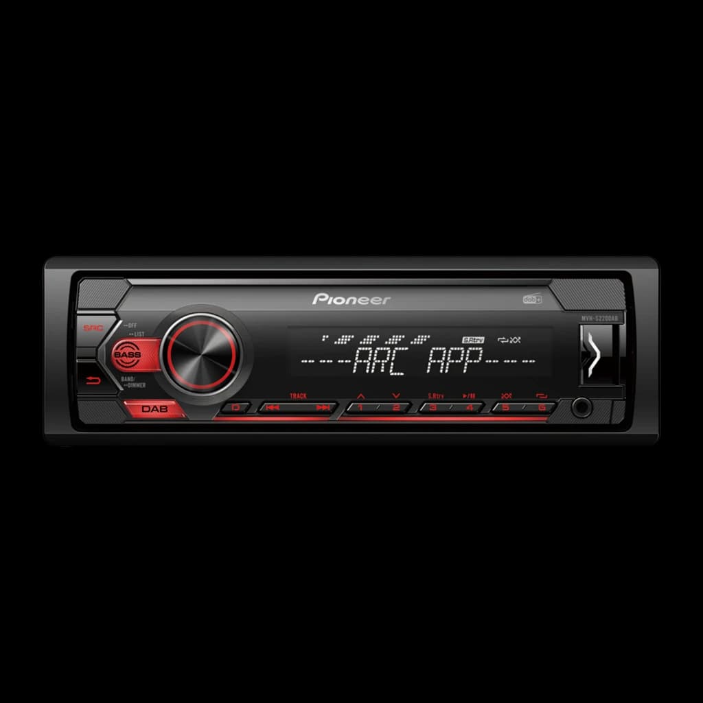 Autorradio Pioneer Negro 1 DIN MVH-S220DAB, vista frontal: pantalla dot-matrix, mando giratorio rojo y botones DAB iluminados