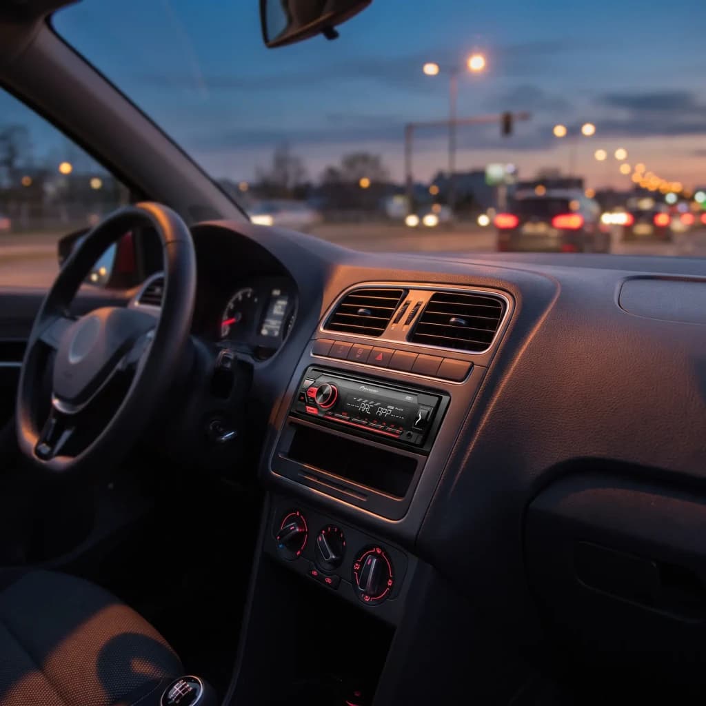 Autorradio Pioneer Negro 1 DIN MVH-S220DAB, en uso: instalado en salpicadero de coche al atardecer con pantalla iluminada