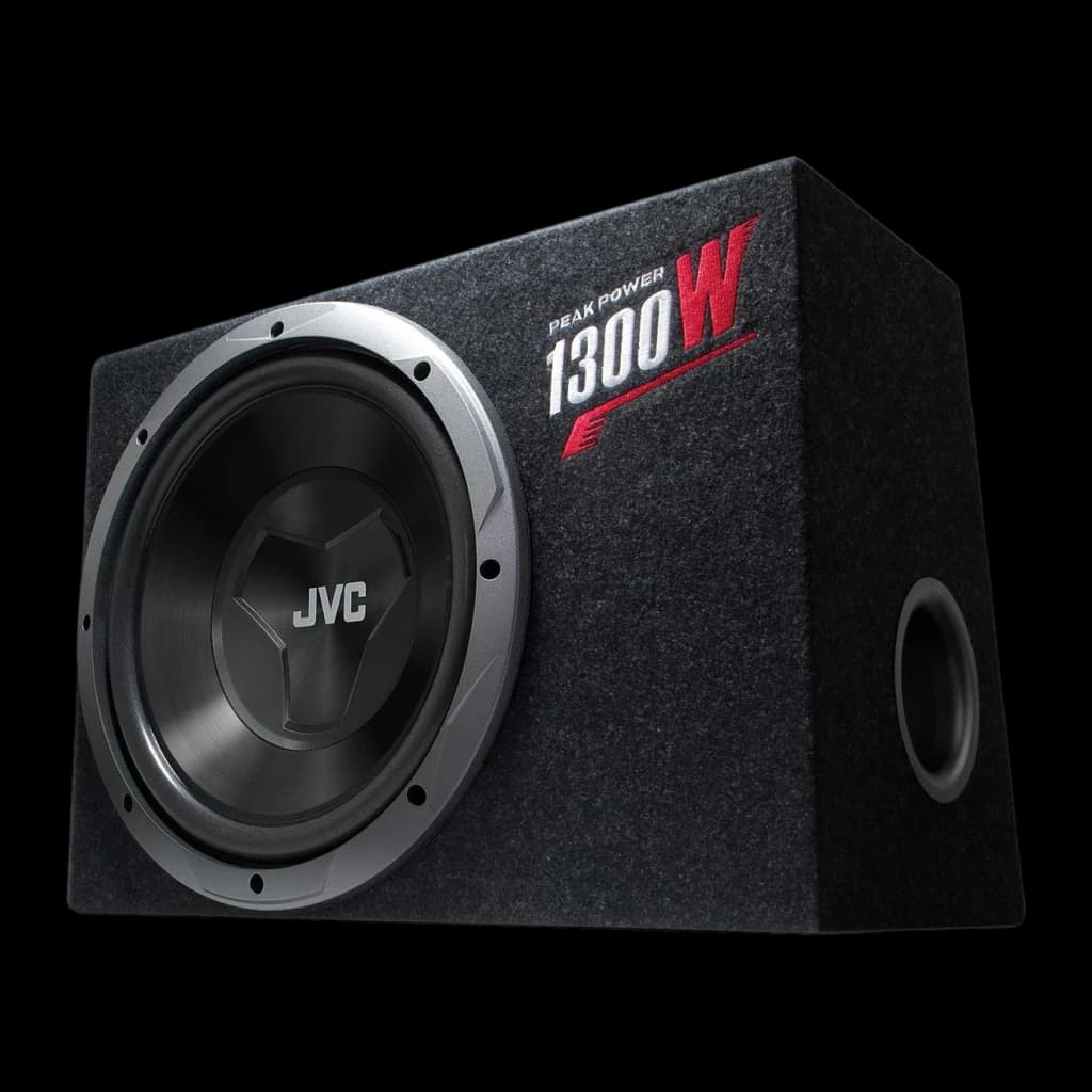 Subwoofer pour voiture JVC 12 pouces 150W RMS Noir CS-BW120, vue de face: caisson recouvert noir avec haut-parleur, logo JVC