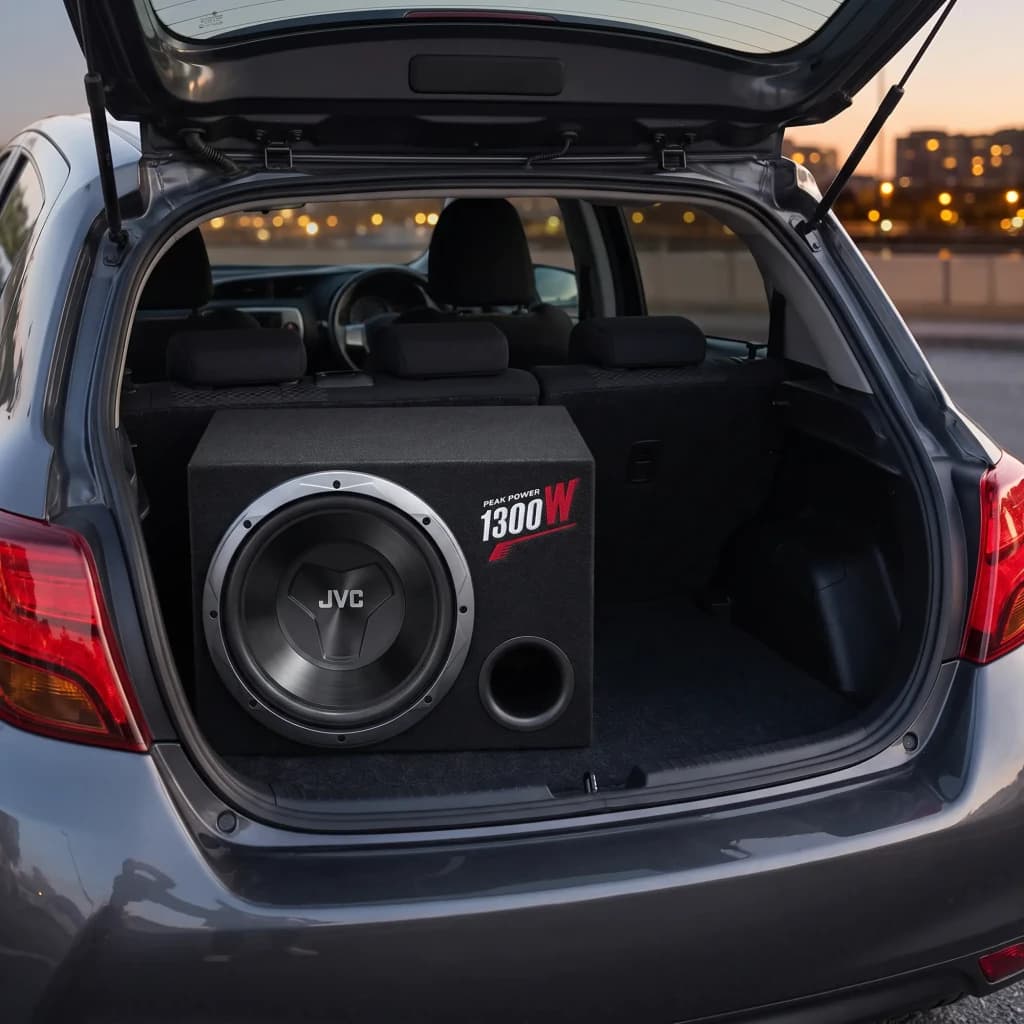 Subwoofer pour voiture JVC 12 pouces 150W RMS Noir CS-BW120, en utilisation: installé dans le coffre en caisson noir