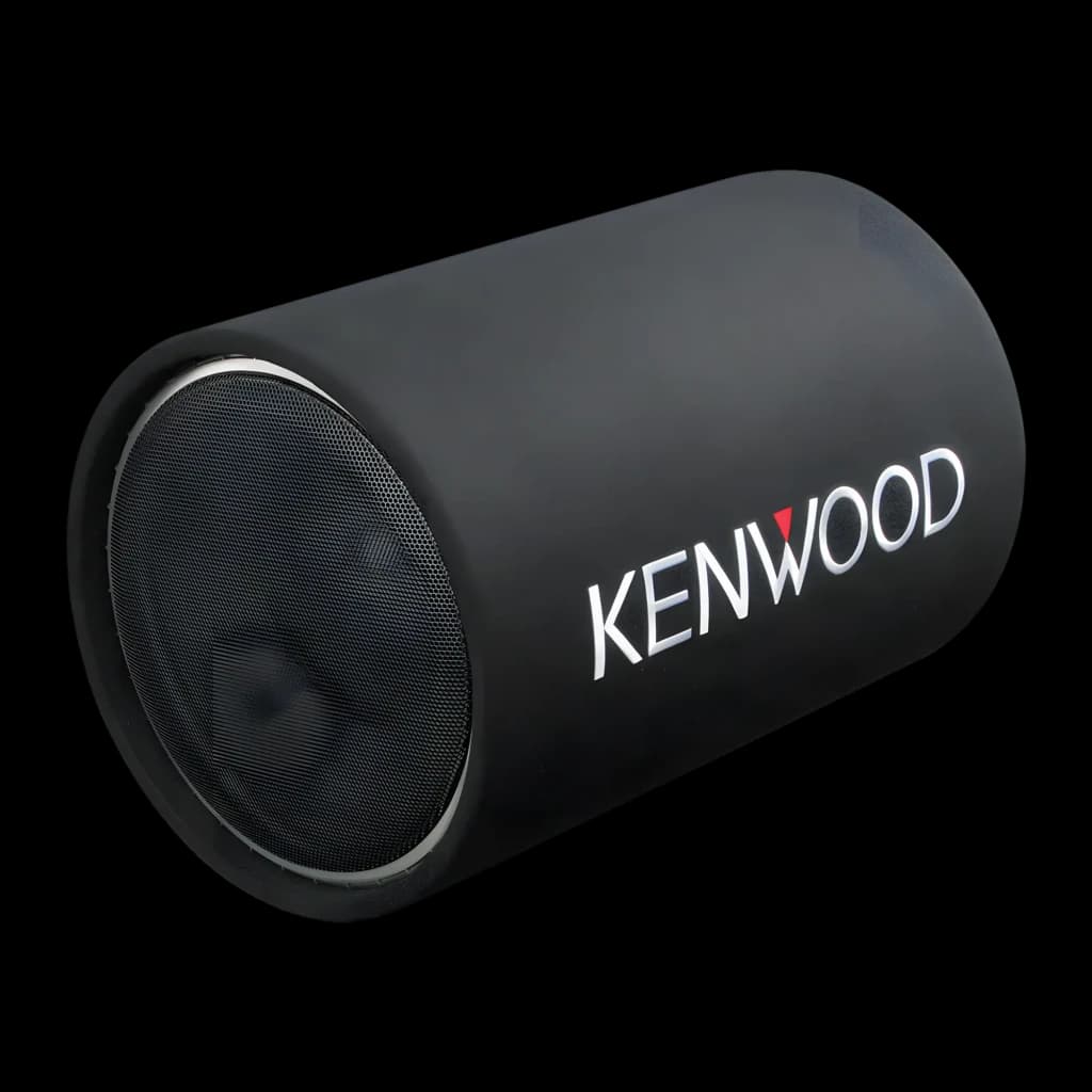 Caisson de basses voiture Kenwood Passif 200W RMS Noir KSC-W1200T, vue de face: boîtier tubulaire noir mat avec grille