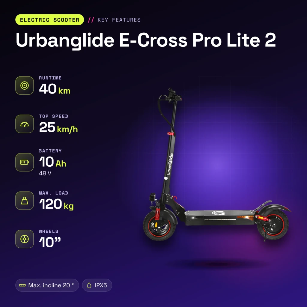 Patinete Eléctrico Urbanglide E-Cross Pro Lite 2 500W 40km 25km/h 10 pulgadas Negro - características