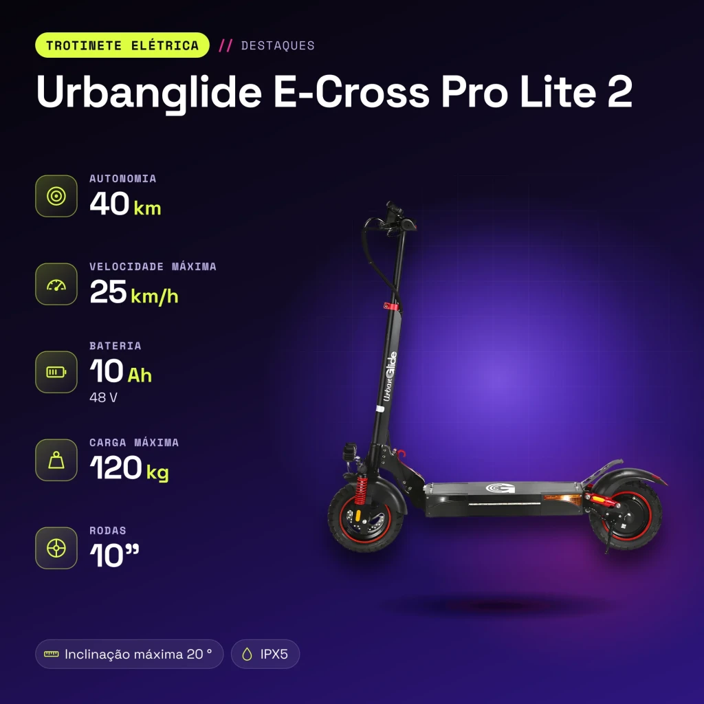 Patinete Eléctrico Urbanglide E-Cross Pro Lite 2 500W 40km 25km/h 10 pulgadas Negro - características