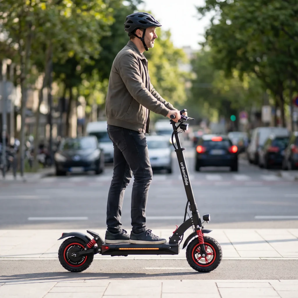 Patinete Eléctrico Urbanglide E-Cross Pro Lite 2 500W 40km 25km/h 10 pulgadas Negro, en uso: hombre con casco circulando