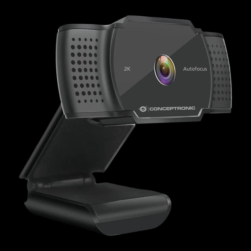Webcam Conceptronic AMDIS02B 2K Super HD Microfone 30fps USB-A Preto, vista frontal: lente autofocus, grelha de microfone