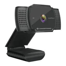 Webcam Conceptronic AMDIS02B 2K Super HD Microfone 30fps USB-A Preto, vista frontal: lente autofocus, grelha de microfone
