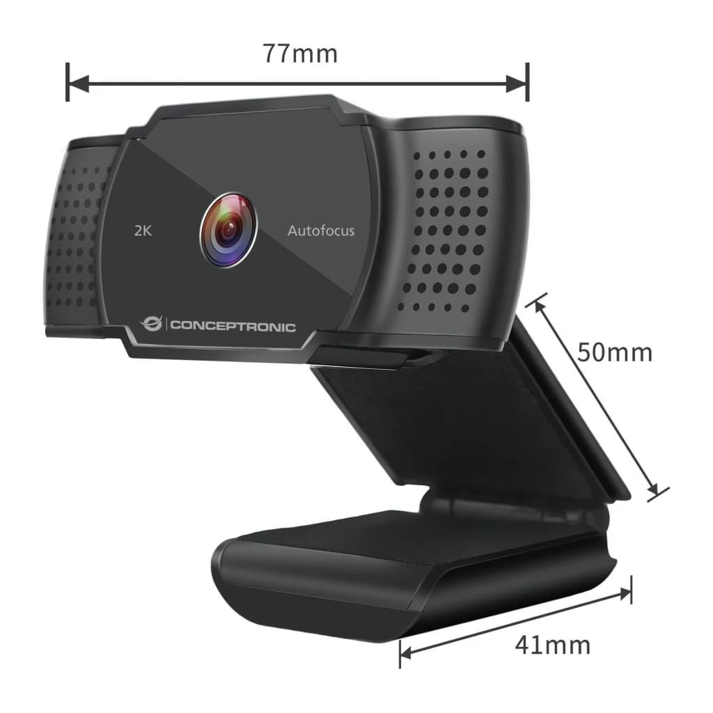 Webcam Conceptronic AMDIS02B 2K Super HD Microfone 30fps USB-A Preto, dimensões: 77mm largura, 50mm altura e 41mm base