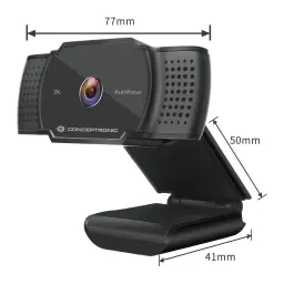 Webcam Conceptronic AMDIS02B 2K Super HD Microfone 30fps USB-A Preto, dimensões: 77mm largura, 50mm altura e 41mm base