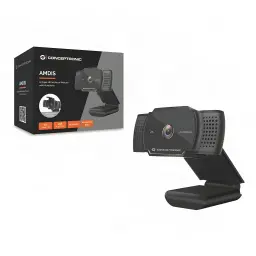 Webcam Conceptronic AMDIS02B 2K Super HD Microfone 30fps USB-A Preto, conteúdo da caixa: webcam em vista lateral ao lado