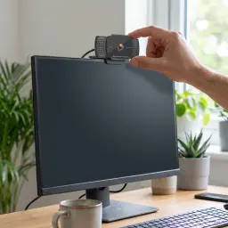 Webcam Conceptronic AMDIS02B 2K Super HD Microfone 30fps USB-A Preto, em uso: mão a colocá-la sobre monitor em secretária