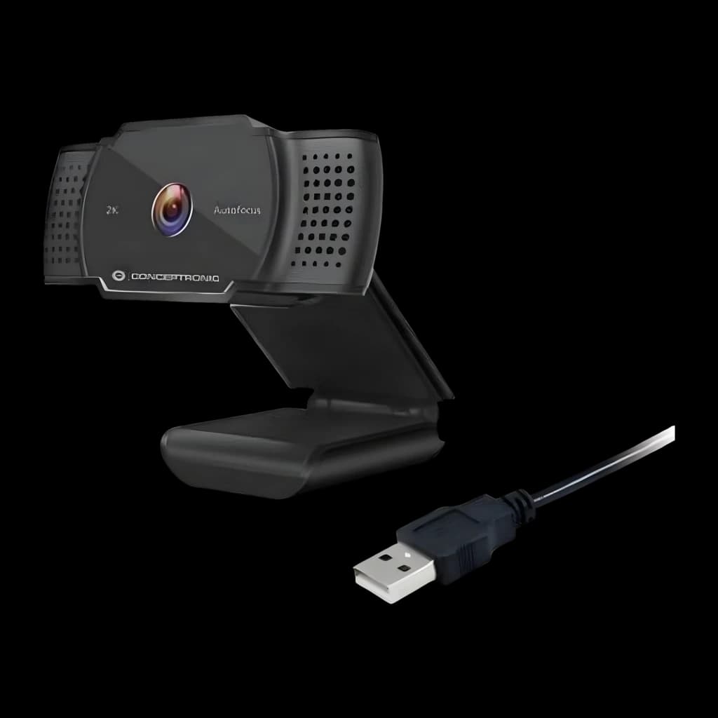 Webcam Conceptronic AMDIS02B 2K Super HD Microfone 30fps USB-A Preto, detalhe: lente autofocus, grelha de microfone e cabo