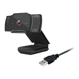 Webcam Conceptronic AMDIS02B 2K Super HD Microfone 30fps USB-A Preto, detalhe: lente autofocus, grelha de microfone e cabo