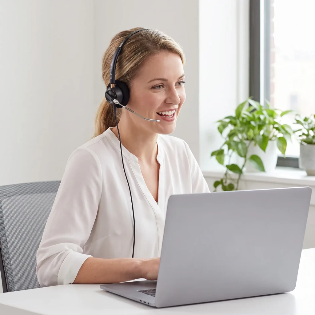 Auriculares Poly EncorePro 520V Tubo de Voz Reducción de Ruido Diadema QD Negro, en uso: mujer sonriente con diadema
