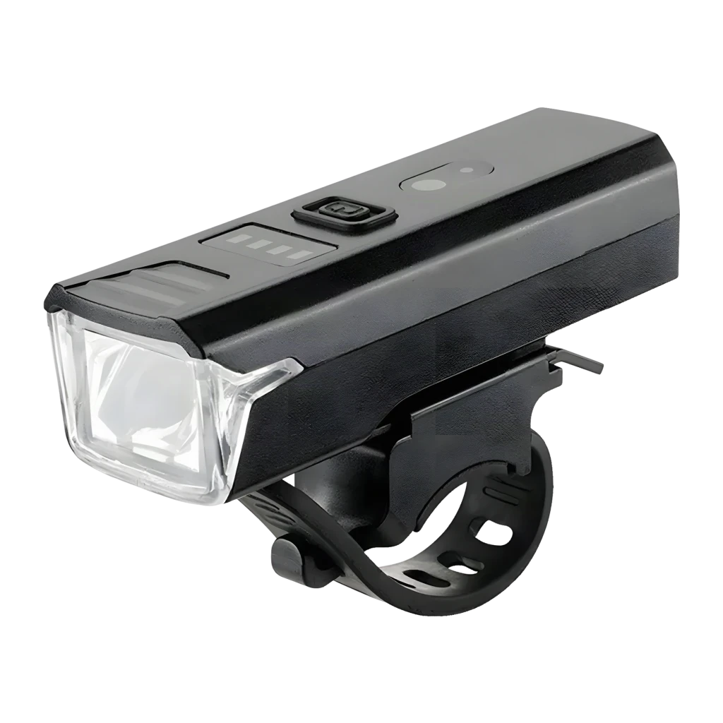 Luz de Bicicleta Superfire 280lm USB-C 16h Preto BL56-A, vista frontal: lente LED, botão superior e suporte de guidão