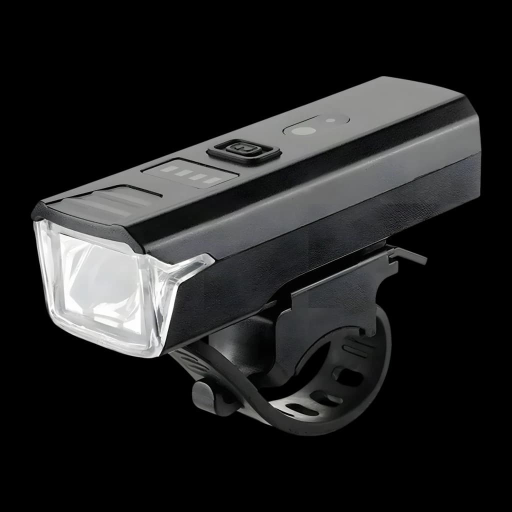 Luz de Bicicleta Superfire 280lm USB-C 16h Preto BL56-A, vista frontal: lente LED, botão superior e suporte de guidão