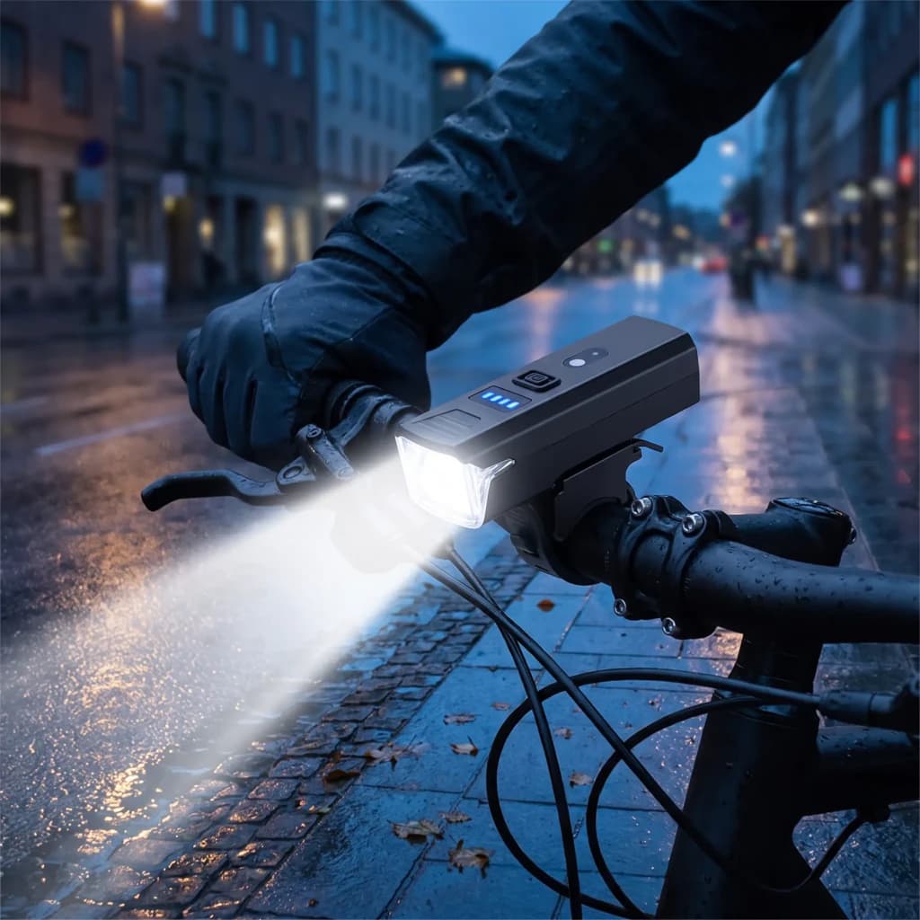 Luz de Bicicleta Superfire 280lm USB-C 16h Preto BL56-A, em uso: feixe aceso no guidão, rua molhada à noite