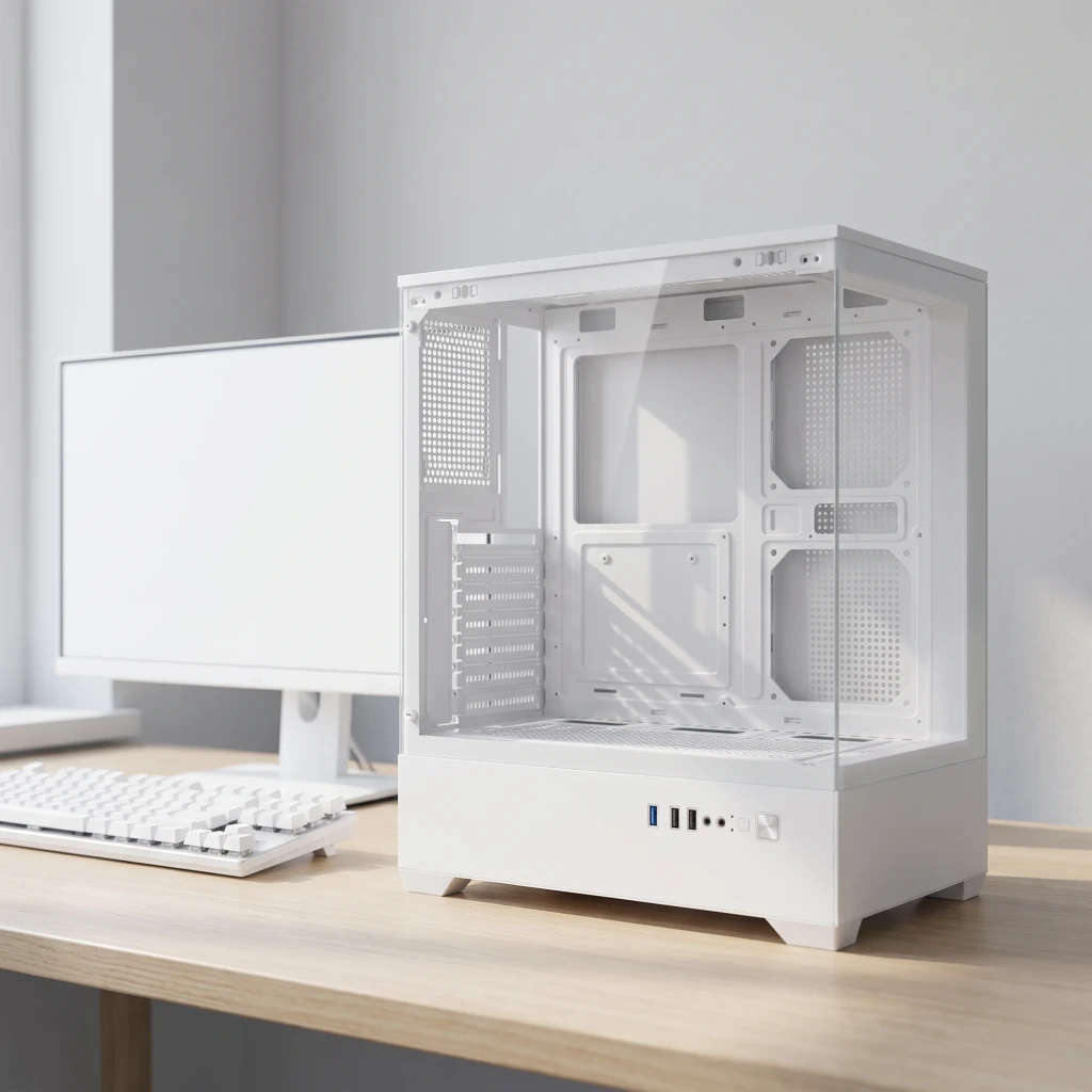 Boîtier PC Darkflash C365 Verre Trempé 270° ATX/M-ATX/ITX 445x220x375mm Blanc, en utilisation: intérieur vide visible