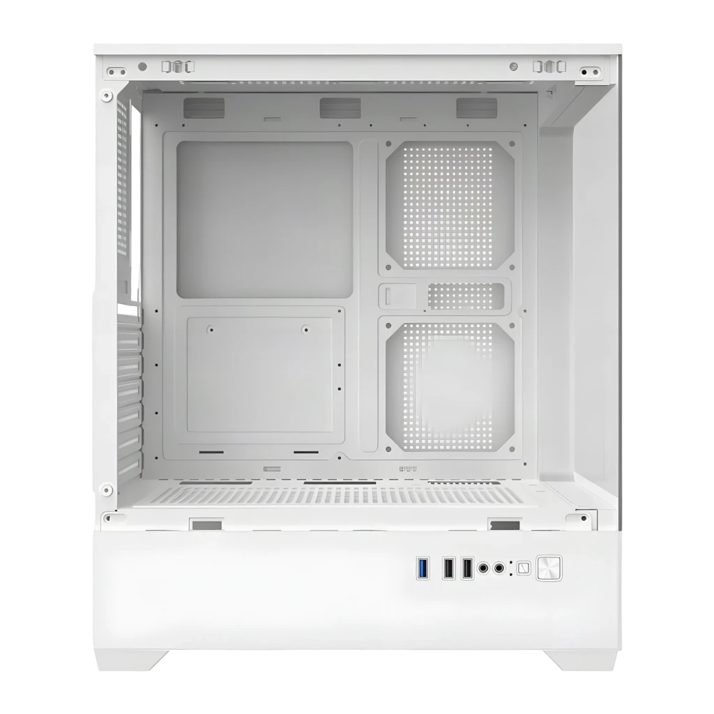 Boîtier PC Darkflash C365 Verre Trempé 270° ATX/M-ATX/ITX 445x220x375mm Blanc, détail: intérieur blanc avec plateau perforé