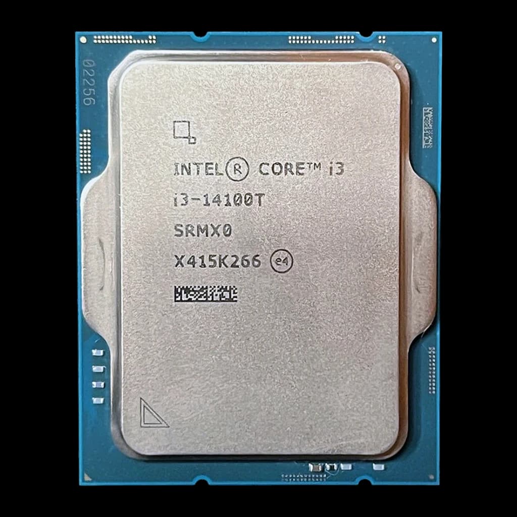 Intel Core i3-14100T 4 Núcleos LGA1700 Tray, vista frontal: IHS plateado con grabado i3-14100T y PCB azul LGA1700