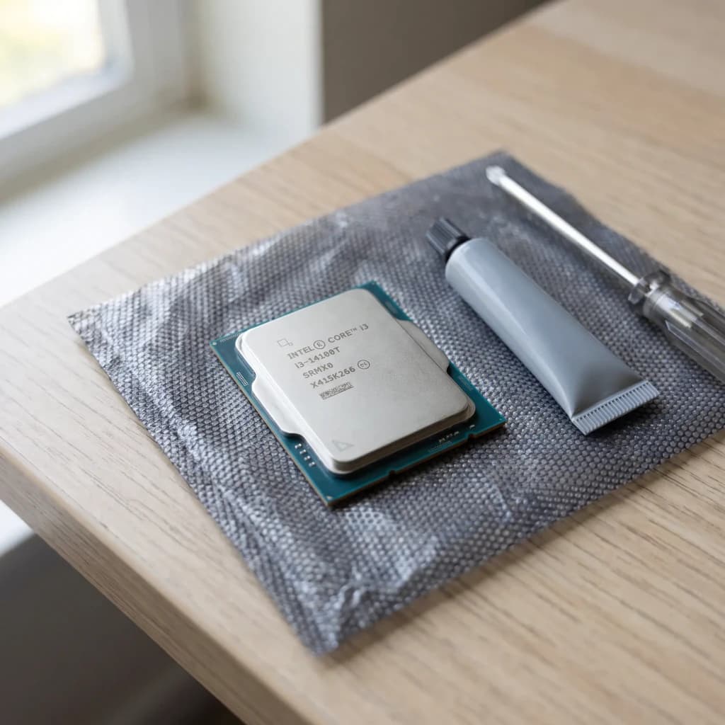 Intel Core i3-14100T 4 Núcleos LGA1700 Tray, en uso: procesador sobre bolsa antiestática con pasta térmica y destornillador
