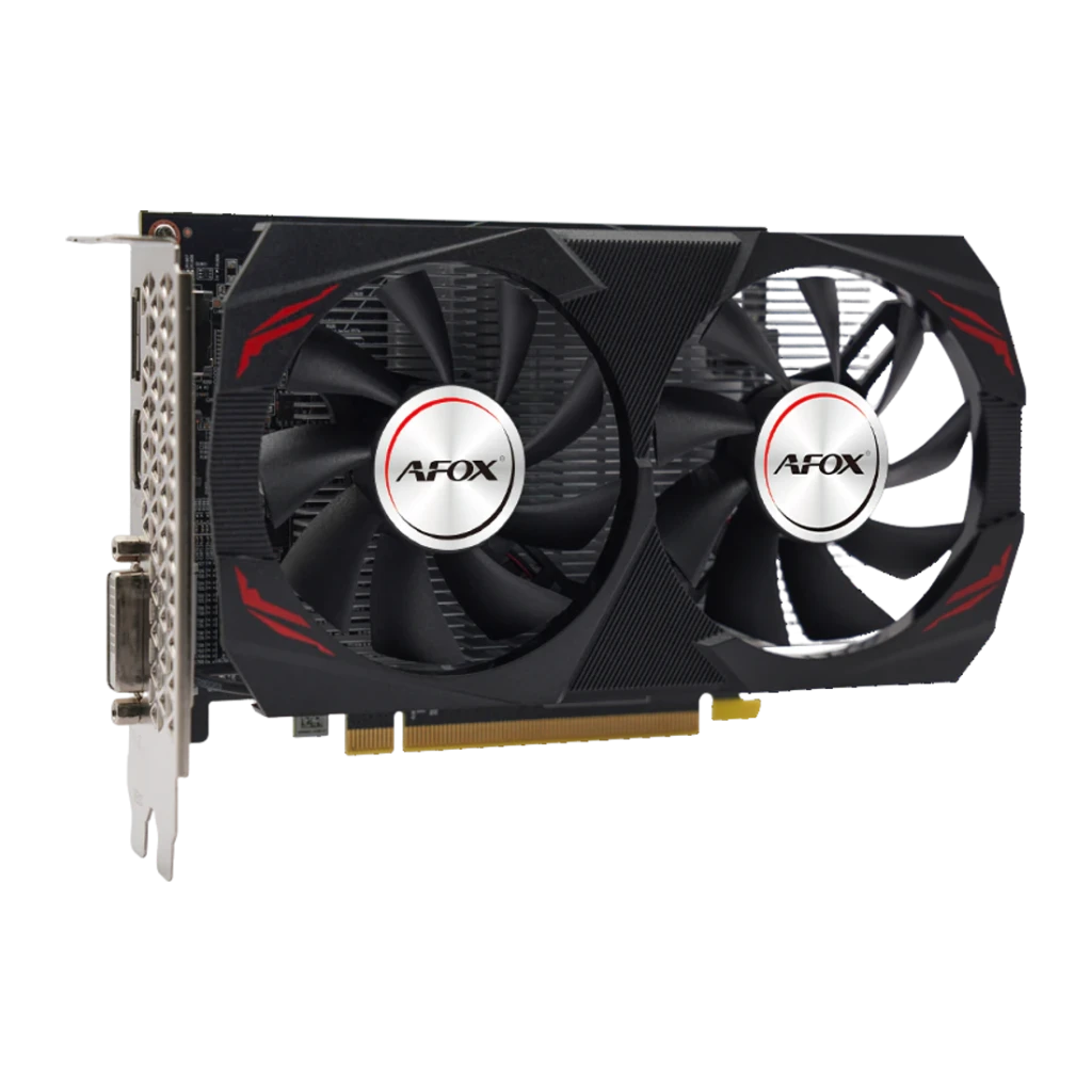 AFOX Radeon RX 560 4GB GDDR5 Doble ventilador, detalle: dos ventiladores con logo AFOX, cubierta negra con detalles rojos
