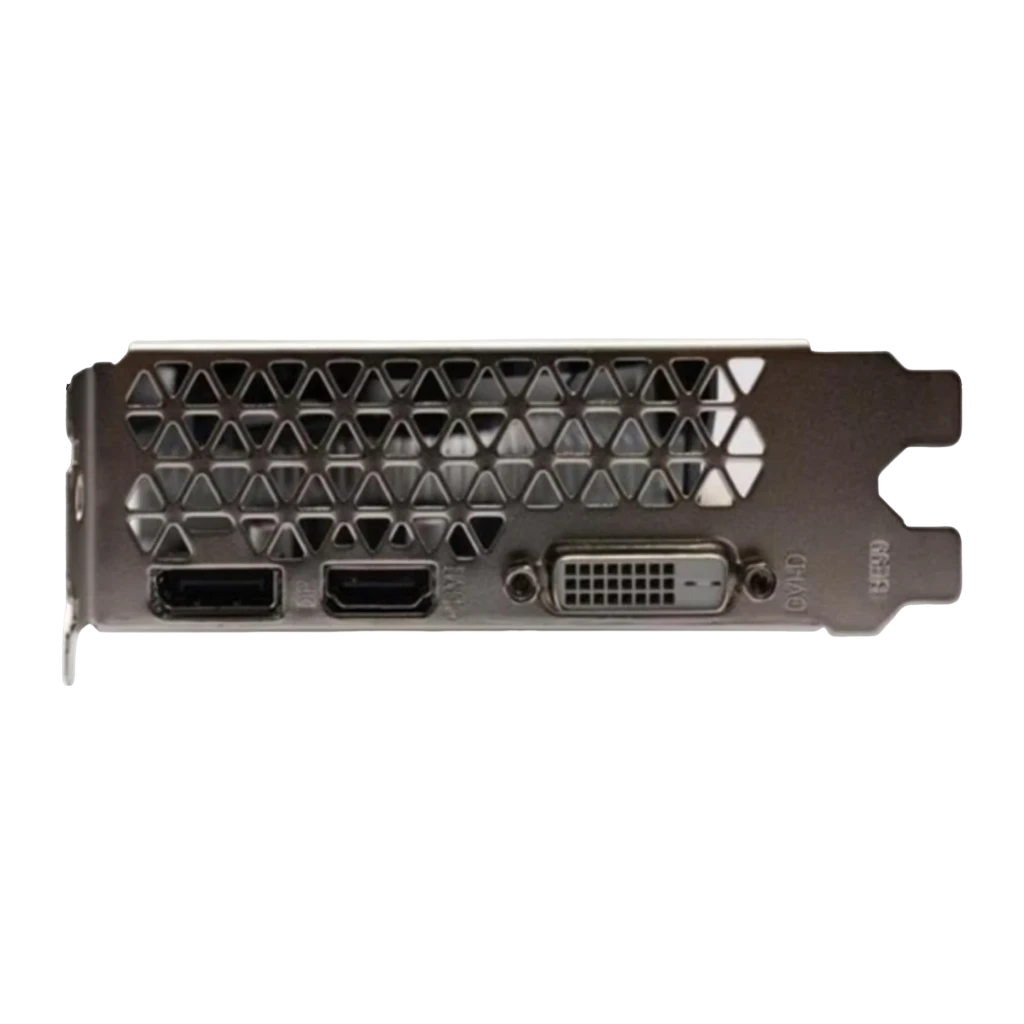 AFOX Radeon RX 560 4GB GDDR5 Doble ventilador, detalle: bracket con rejilla triangular, puertos DisplayPort, HDMI y DVI-D