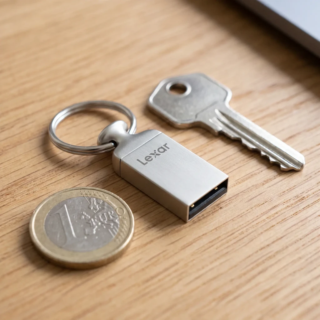 Clé USB Lexar JumpDrive M22 16 Go USB 2.0 Argent, en utilisation: sur porte-clés avec pièce d'euro et clé métallique sur bois