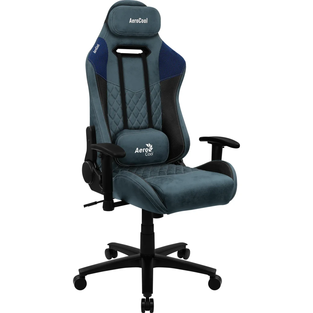 Siège Gaming Aerocool Duke AeroSuede Bleu Simili Cuir 2D 150kg ACGC-2025101.B1, vue 3/4 avant: capitonnage losange, coussin