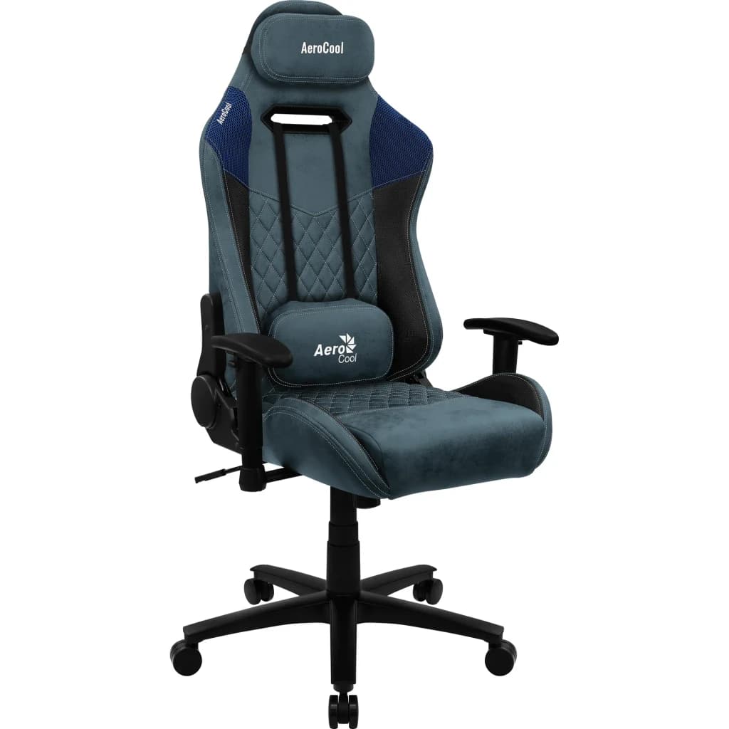 Siège Gaming Aerocool Duke AeroSuede Bleu Simili Cuir 2D 150kg ACGC-2025101.B1, vue 3/4 avant: capitonnage losange, coussin