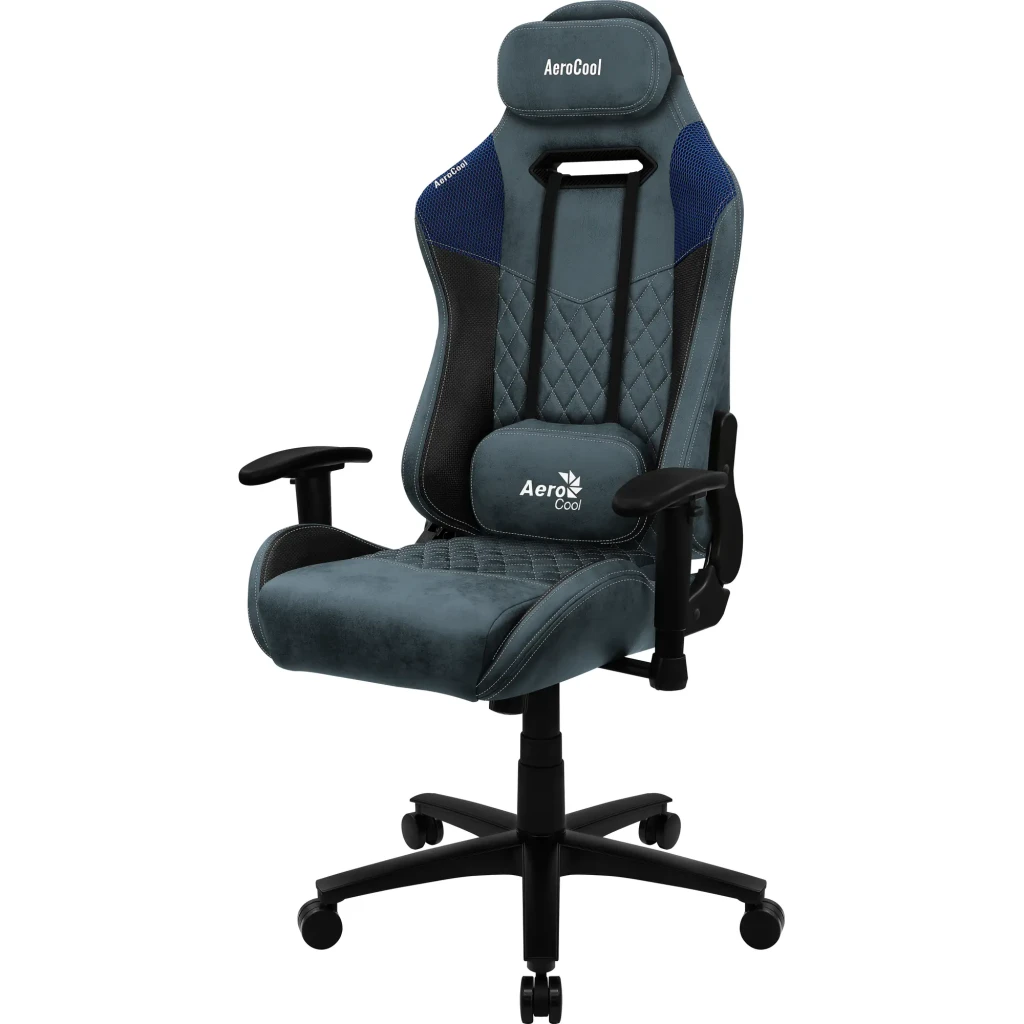 Siège Gaming Aerocool Duke AeroSuede Bleu Simili Cuir 2D 150kg ACGC-2025101.B1, vue de face en angle: revêtement AeroSuede