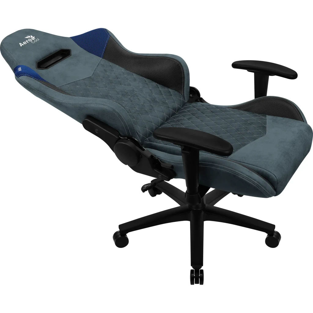 Siège Gaming Aerocool Duke AeroSuede Bleu Simili Cuir 2D 150kg ACGC-2025101.B1, vue latérale inclinée: dossier rabattu