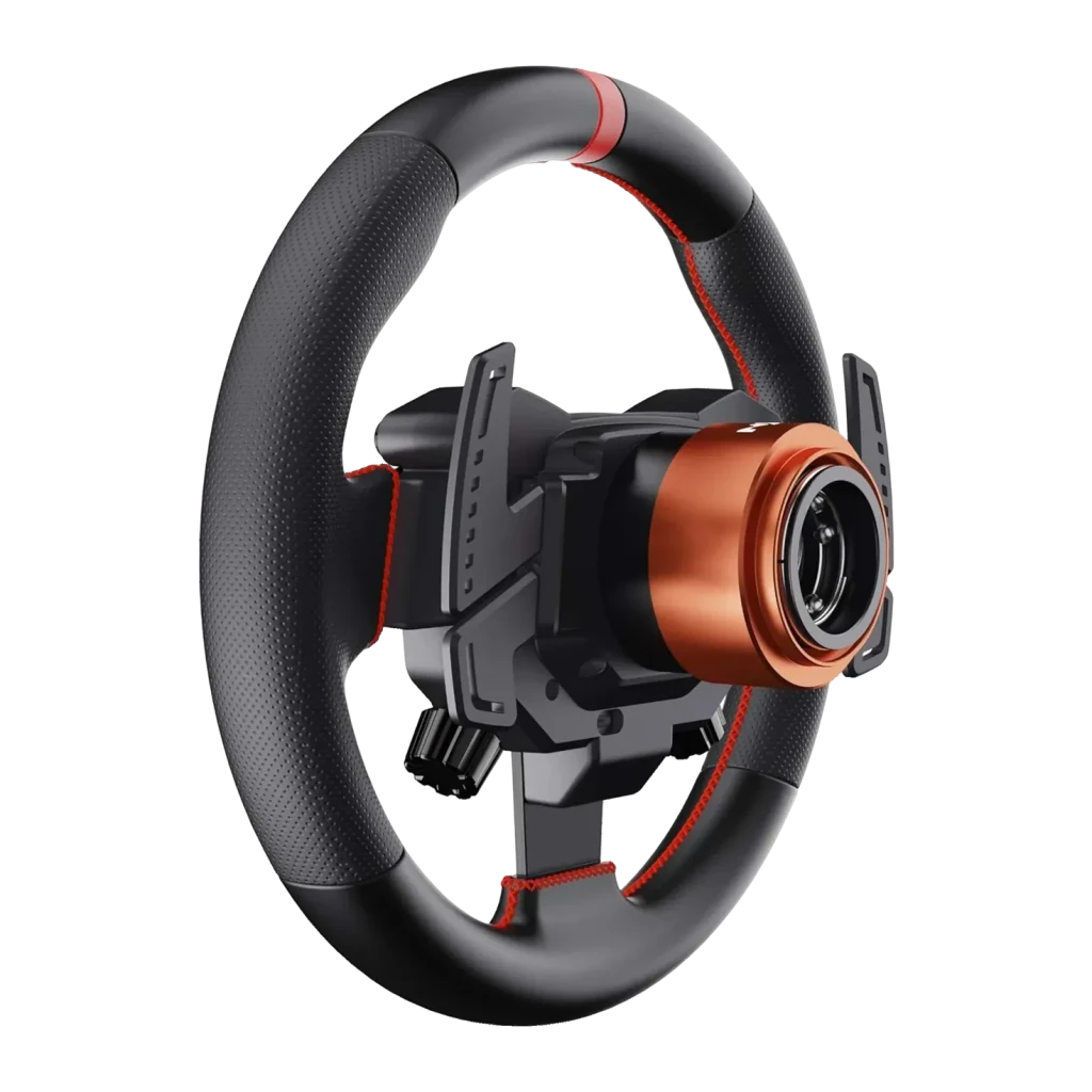 Volant gaming PXN W AS 280mm PC Noir, vue arrière: moyeu cuivré, palettes et coutures rouges sur jante perforée