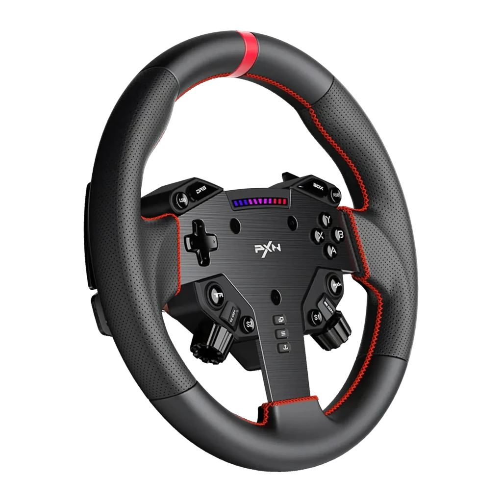 Volant gaming PXN W AS 280mm PC Noir, détail: jante perforée coutures rouges, hub avec boutons, D-pad et LED bleue