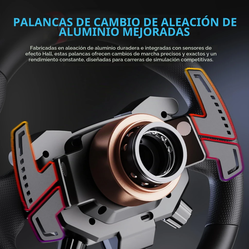 Volant gaming PXN W AS 280mm PC Noir, détail: palettes de changement en alliage d'aluminium avec éclairage RGB et moyeu
