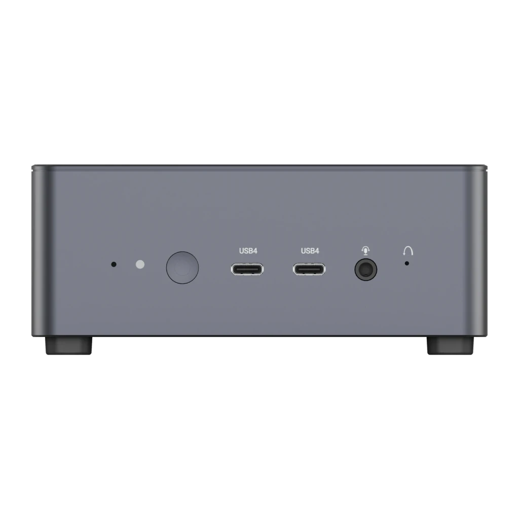 Mini PC Minisforum UM790 Pro Gris AMD Ryzen 9 7940HS Barebone, detalle frontal: botón de encendido, dos puertos USB4 y jack