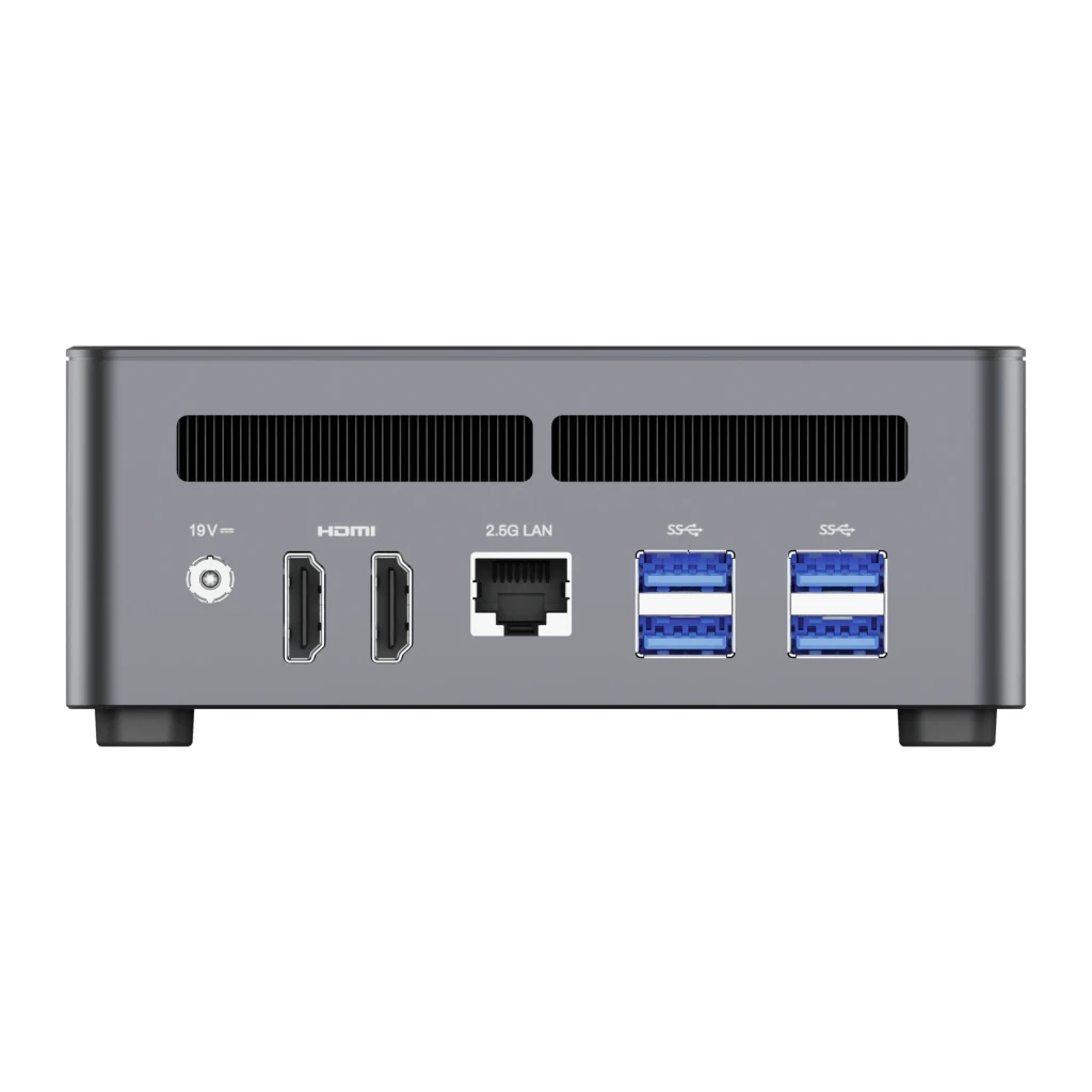 Mini PC Minisforum UM790 Pro Gris AMD Ryzen 9 7940HS Barebone, vista trasera: puertos 19V, 2x HDMI, 2.5G LAN y 4x USB-A SS