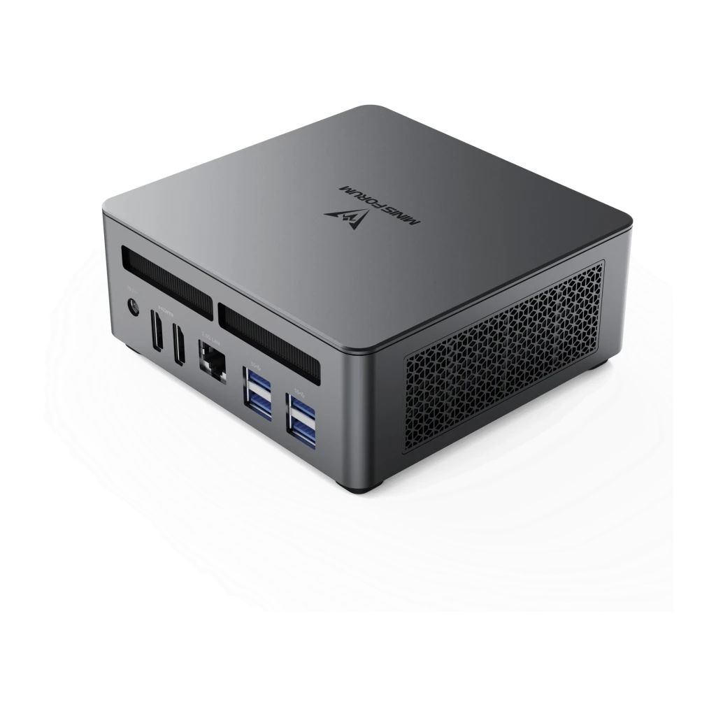 Mini PC Minisforum UM790 Pro Gris AMD Ryzen 9 7940HS Barebone, vista trasera: puertos HDMI, Ethernet y USB-A azules, rejilla