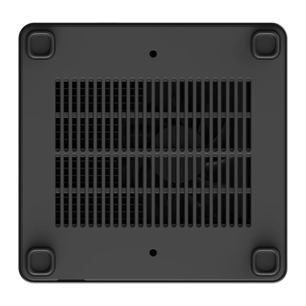 Mini PC Minisforum UM790 Pro Gris AMD Ryzen 9 7940HS Barebone, detalle base: rejilla de ventilación central y patas de goma