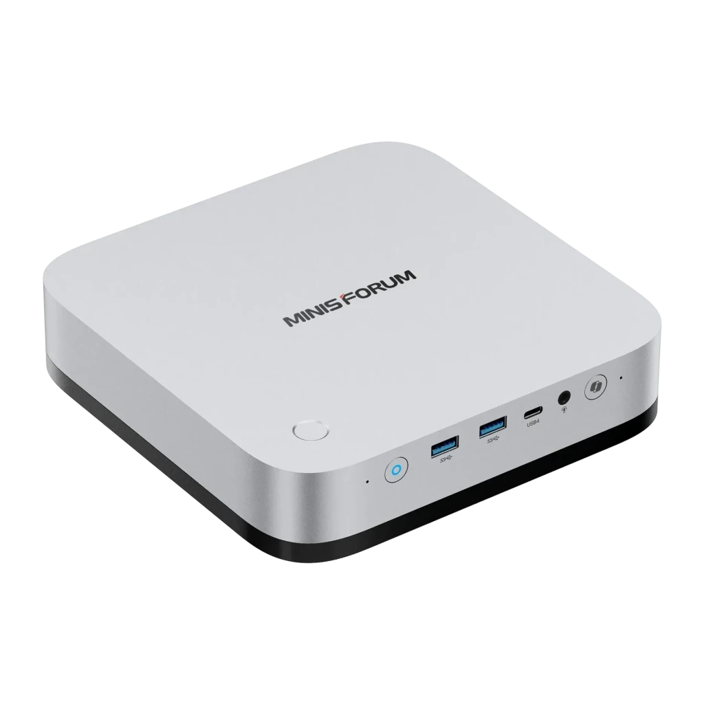 Mini PC Minisforum X1 Pro-470 Blanco AMD Ryzen AI 9 HX 470 Barebone, detalle frontal: puertos USB-A, USB-C, jack y botón