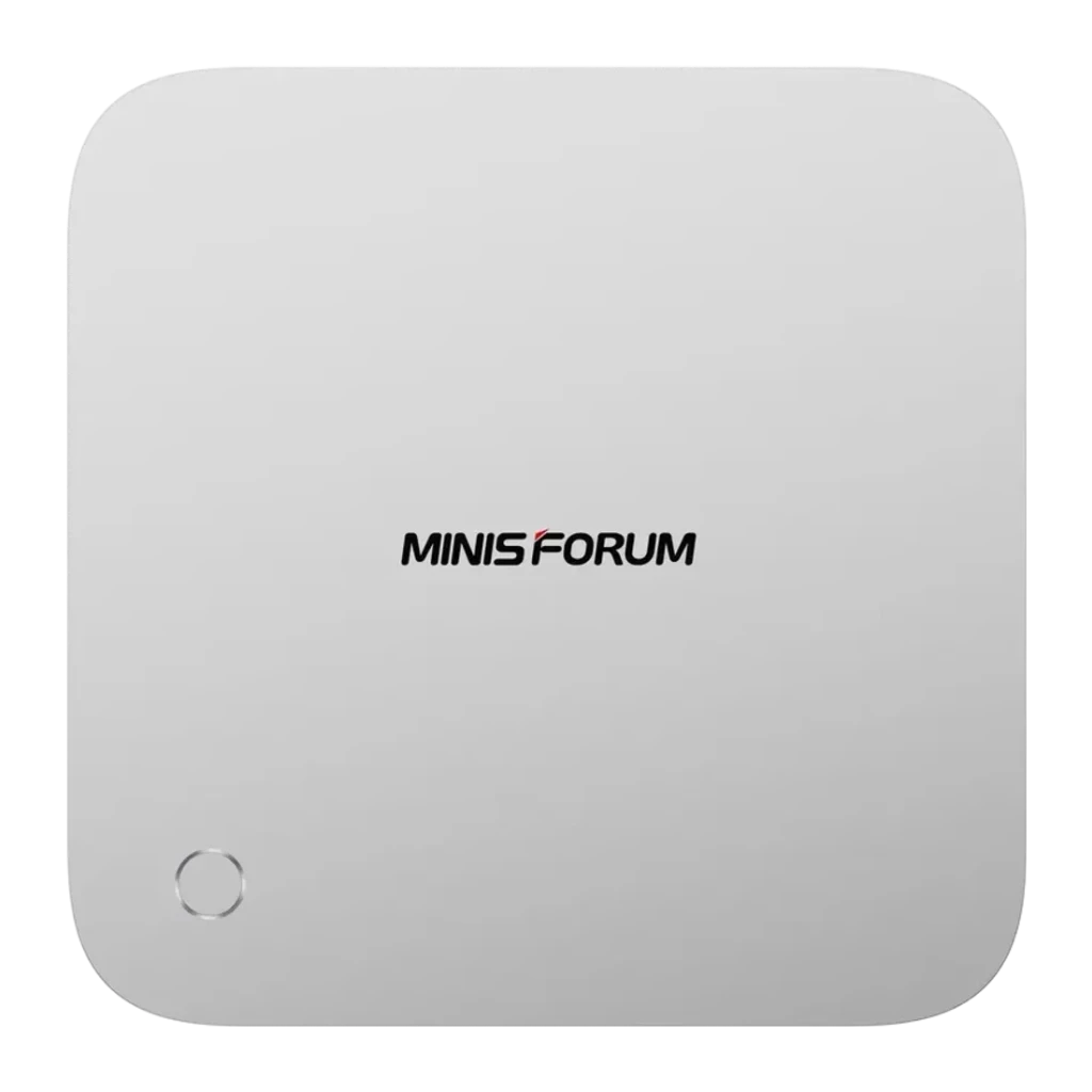 Mini PC Minisforum X1 Pro-470 Blanco AMD Ryzen AI 9 HX 470 Barebone, detalle: tapa superior con logo Minisforum y botón