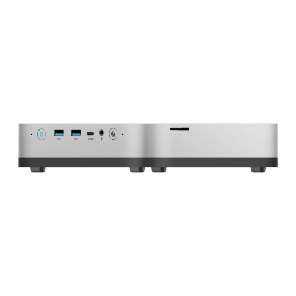 Mini PC Minisforum X1 Pro-470 Blanco AMD Ryzen AI 9 HX 470 Barebone, detalle frontal: puertos USB-A, USB-C, jack audio