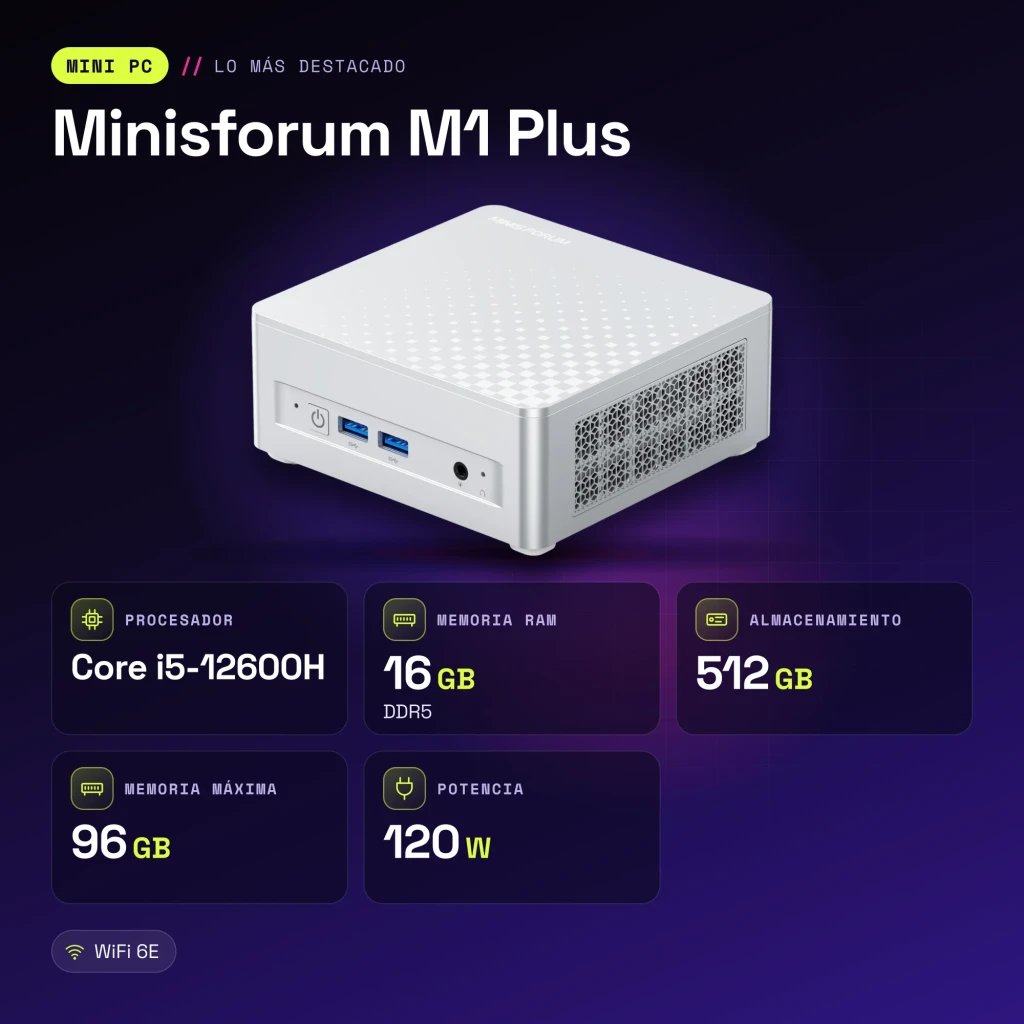 Mini PC Minisforum M1 Plus 16GB DDR5/512GB Plata Intel Core i5-12600H NVMe PCIe 4.0 - características