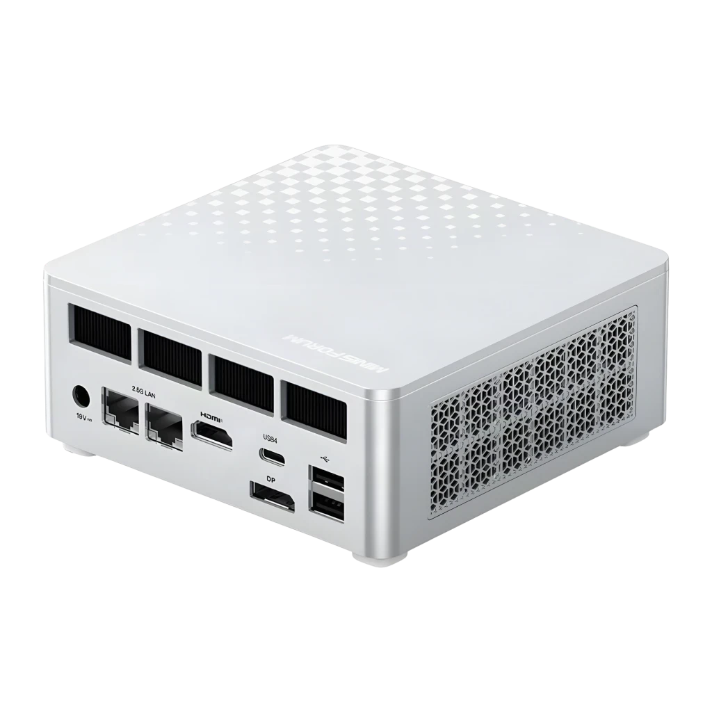 Mini PC Minisforum M1 Plus 16GB DDR5/512GB Plata Intel Core i5-12600H NVMe PCIe 4.0, vista trasera: puertos HDMI, DP, USB4