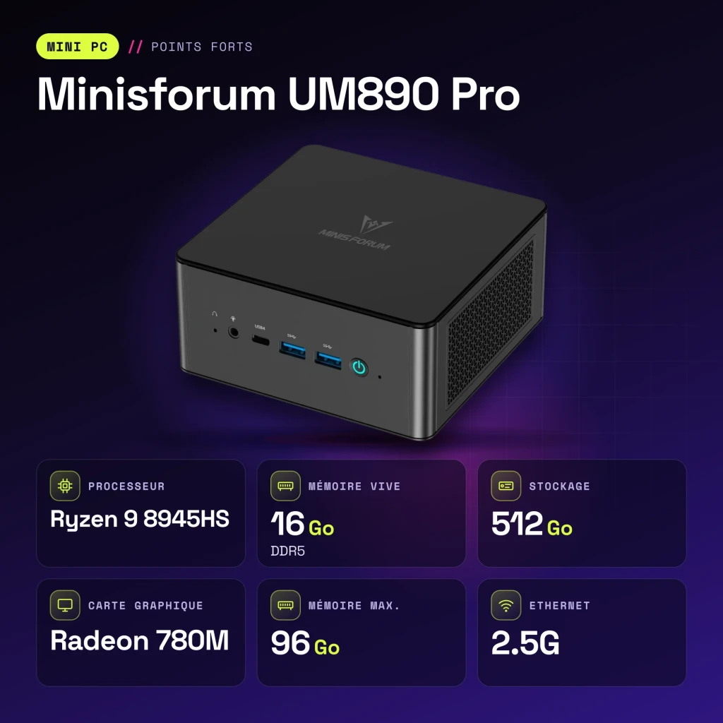 Mini PC Minisforum UM890 Pro 16GB DDR5/512GB Negro AMD Ryzen 9 8945HS PCIe 4.0 - características