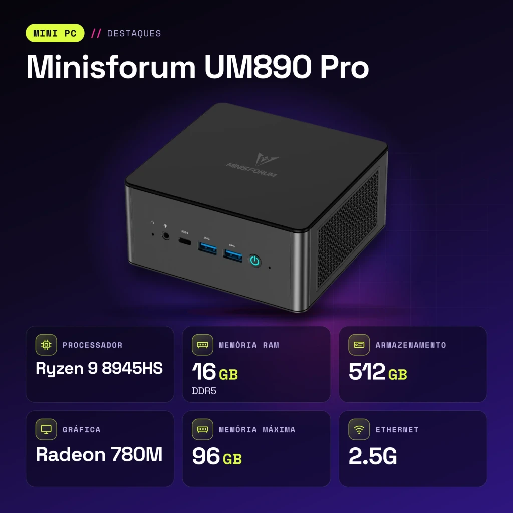 Mini PC Minisforum UM890 Pro 16GB DDR5/512GB Negro AMD Ryzen 9 8945HS PCIe 4.0 - características