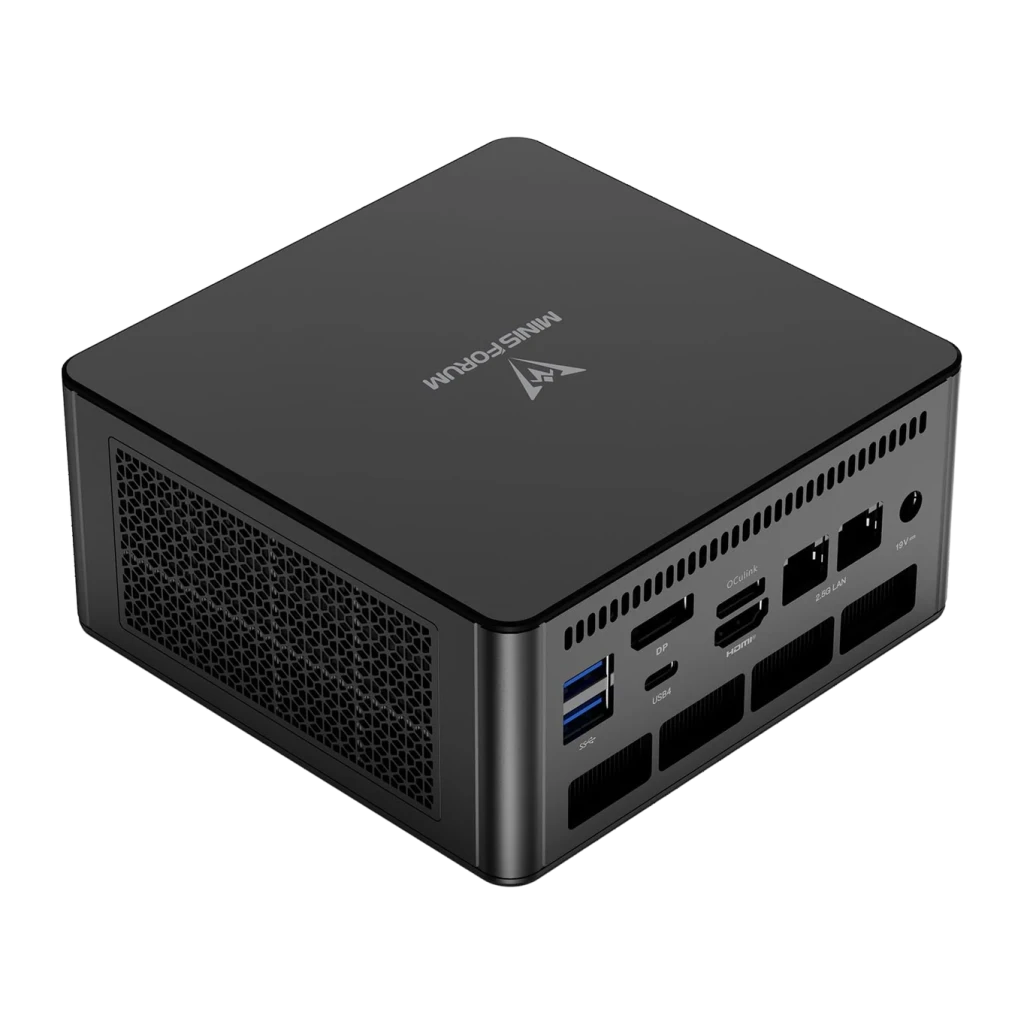 Mini PC Minisforum UM890 Pro 16GB DDR5/512GB Negro AMD Ryzen 9 8945HS PCIe 4.0, vista trasera: puertos DP, HDMI, USB-A, 2,5G