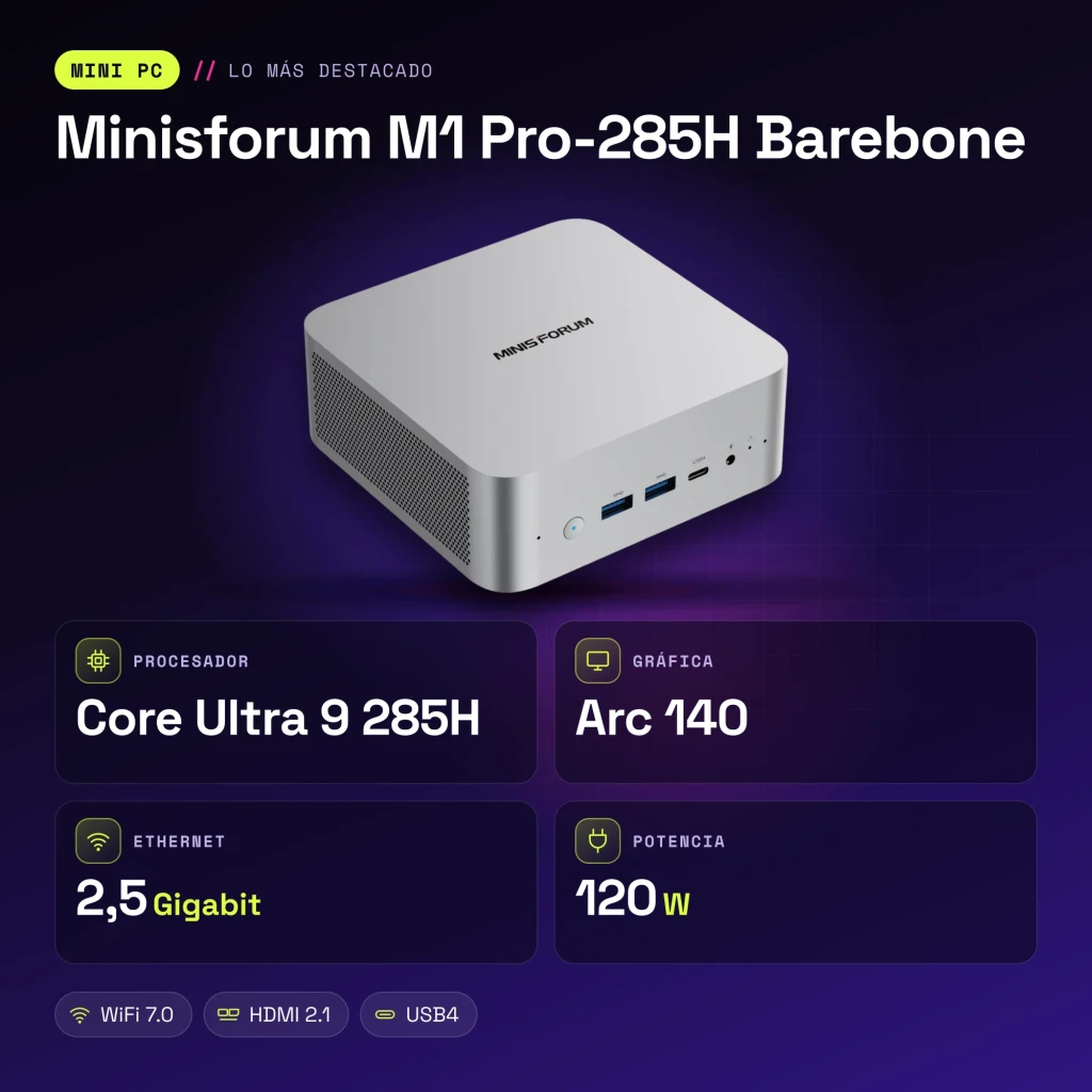 Mini PC Minisforum M1 Pro-285H Barebone Intel Core Ultra 9 285H WiFi 7 - características