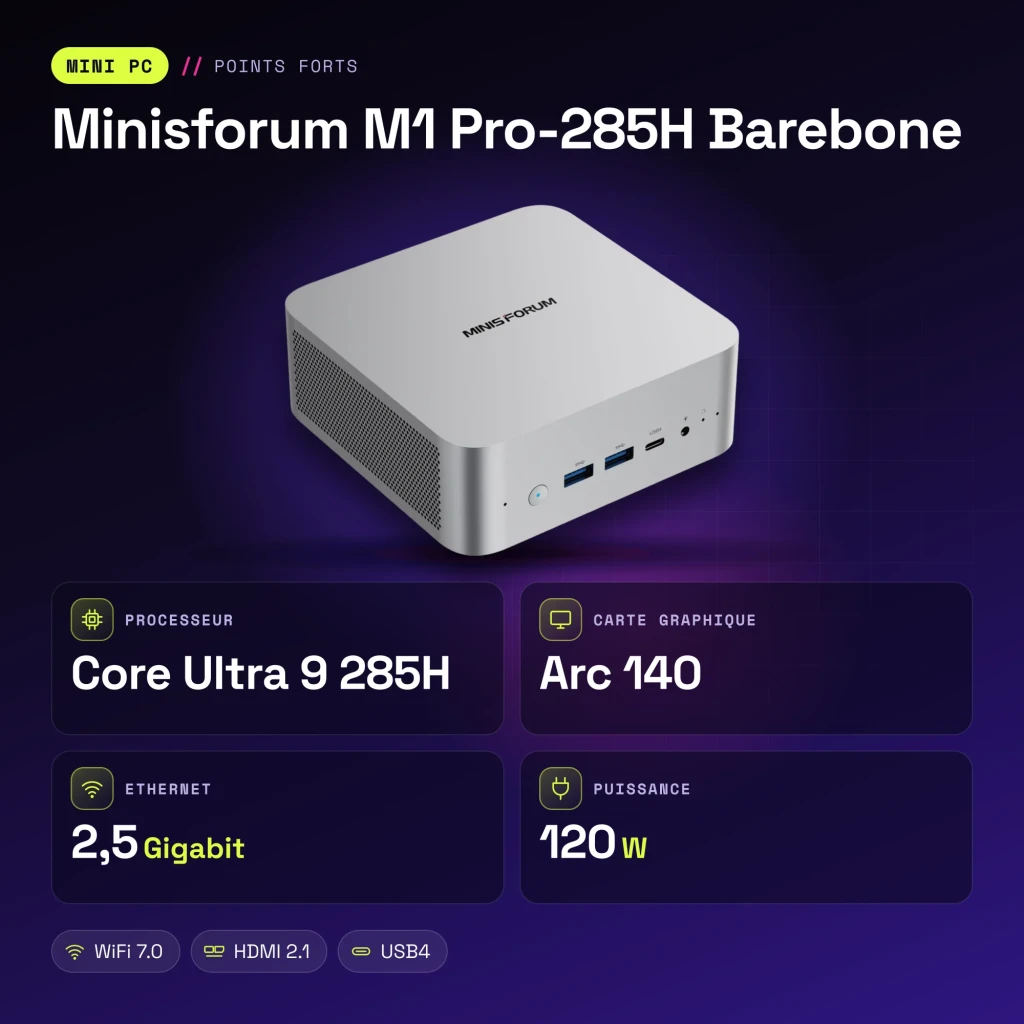 Mini PC Minisforum M1 Pro-285H Barebone Intel Core Ultra 9 285H WiFi 7 - características