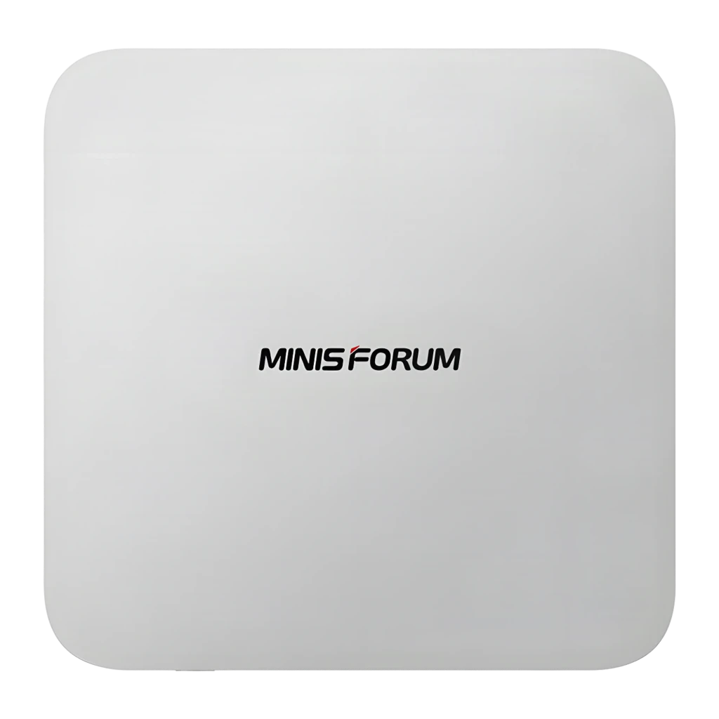 Minisforum Mini PC M1 Pro-285H 4TB plateado, vista superior: tapa lisa con logo Minisforum centrado